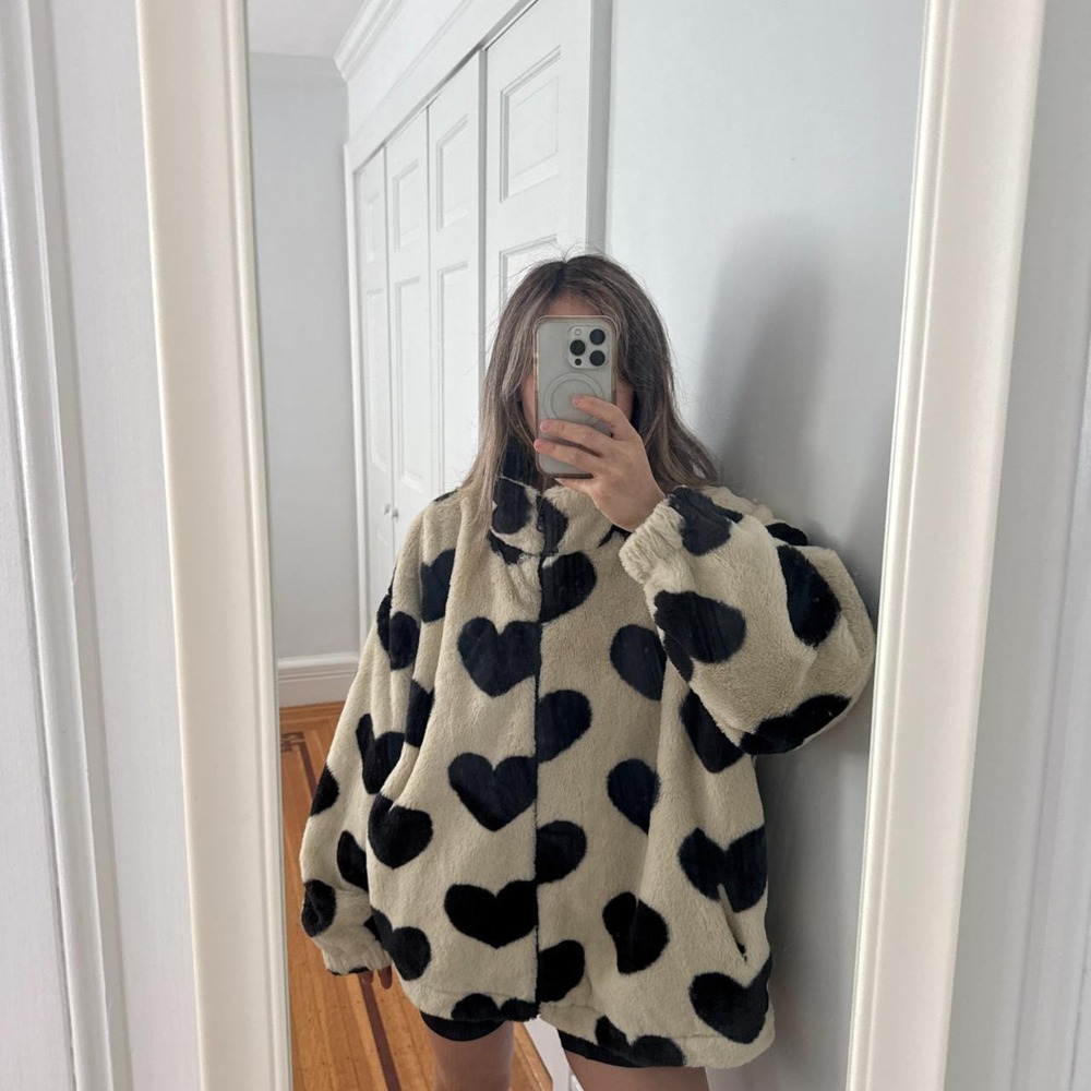 Cider Heart Pattern Fuzzy Coat